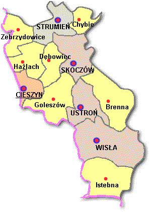 Mapa powiatu cieszyńskiego